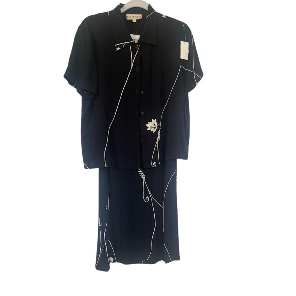 Vintage 90s David Dart Black Floral Rayon Dress Jacket Set Petite M